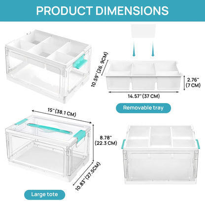 2/4 Pack 24QT Clear Craft Storage Bin with Removable Trays&Adjustable Dividers, Containers for Art Supply Coloring Books Sensory Toys Medicine Playdough Squishy Hair Bows Homeschool Sewing Nail Polish, Dust Proof, Preschool & Backtoschool ToolBox