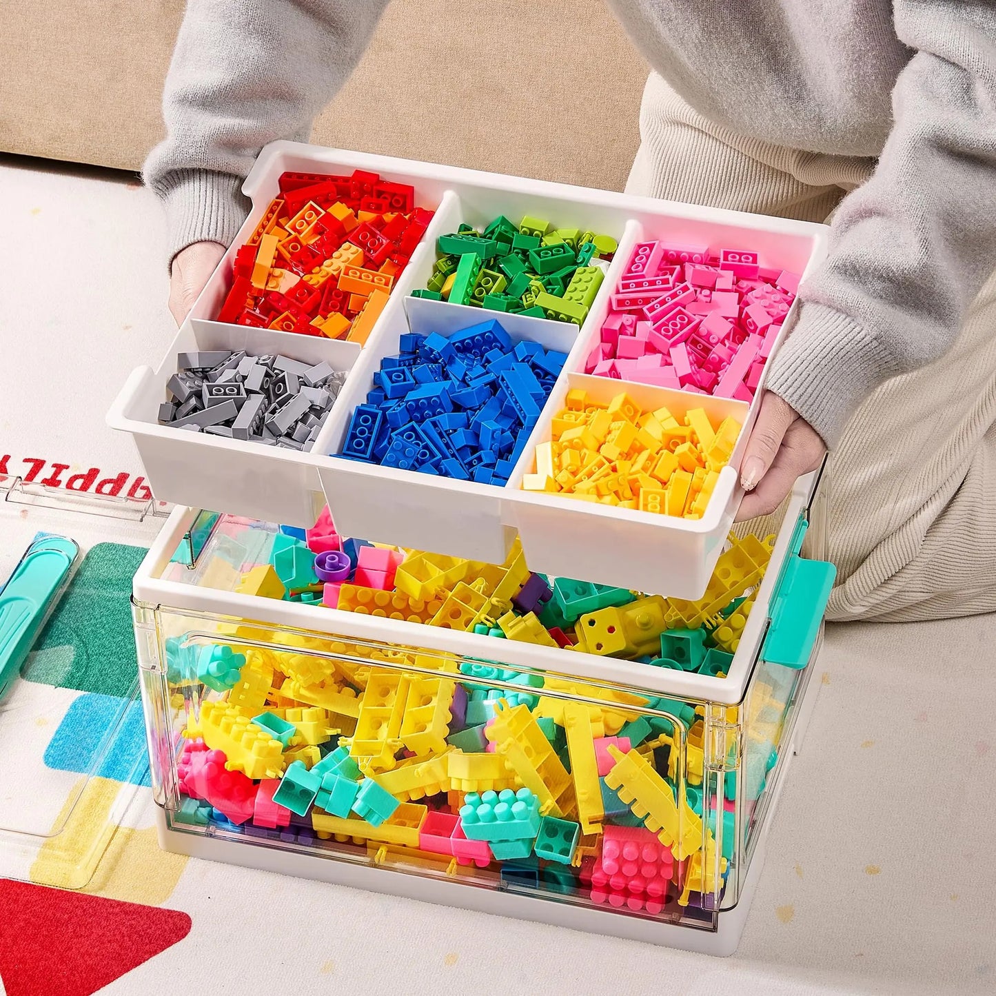 2/4 Pack 24QT Clear Craft Storage Bin with Removable Trays&Adjustable Dividers, Containers for Art Supply Coloring Books Sensory Toys Medicine Playdough Squishy Hair Bows Homeschool Sewing Nail Polish, Dust Proof, Preschool & Backtoschool ToolBox