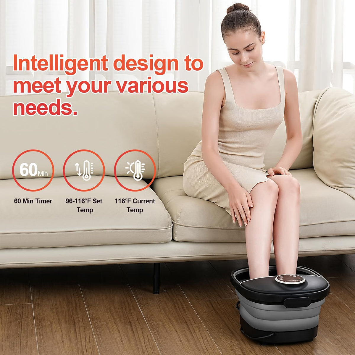 Collapsible Foot Spa Bath Massager – Heated Foot Soak with Bubbles, Red Light, Temperature Control & Manual Massage Rollers