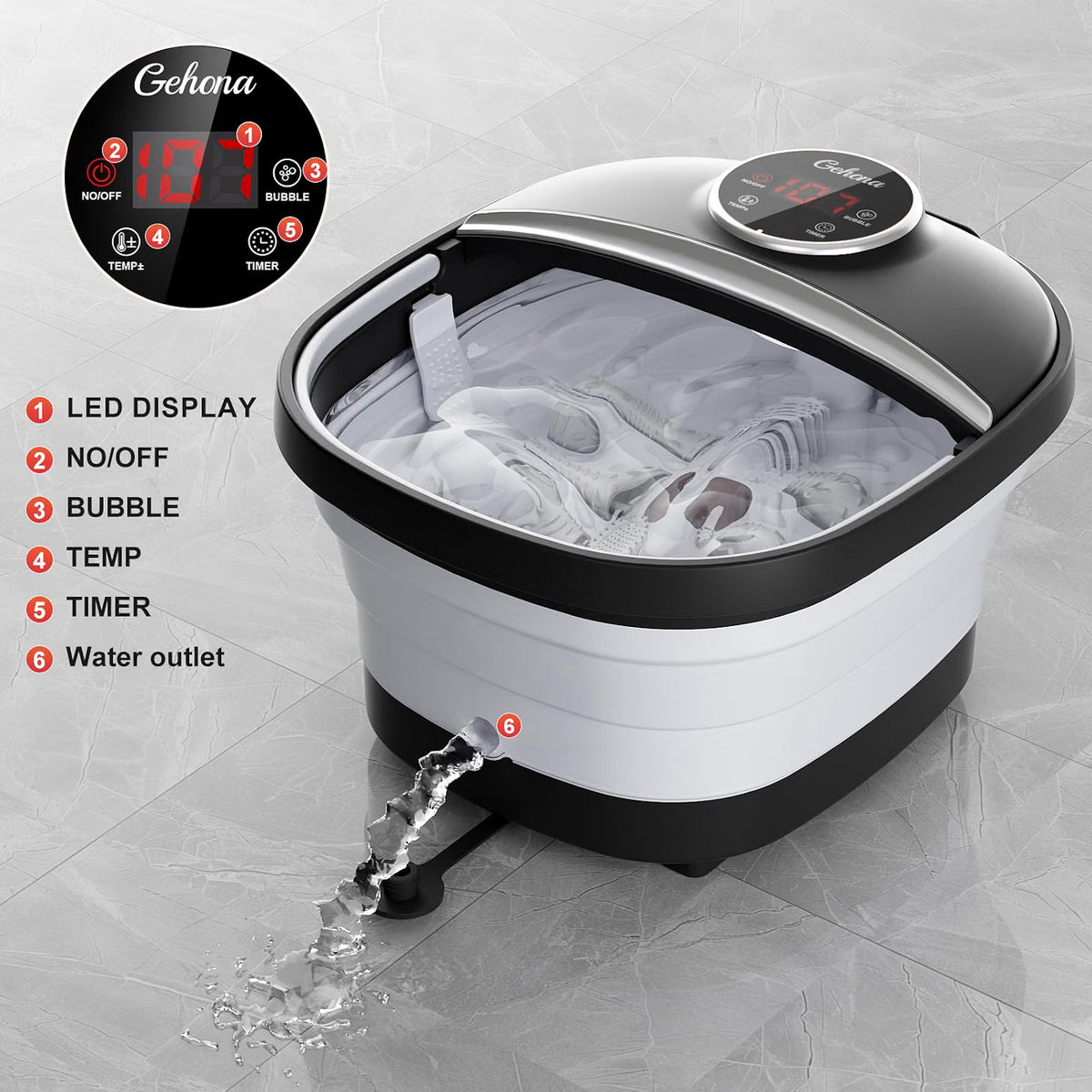 Collapsible Foot Spa Bath Massager – Heated Foot Soak with Bubbles, Red Light, Temperature Control & Manual Massage Rollers