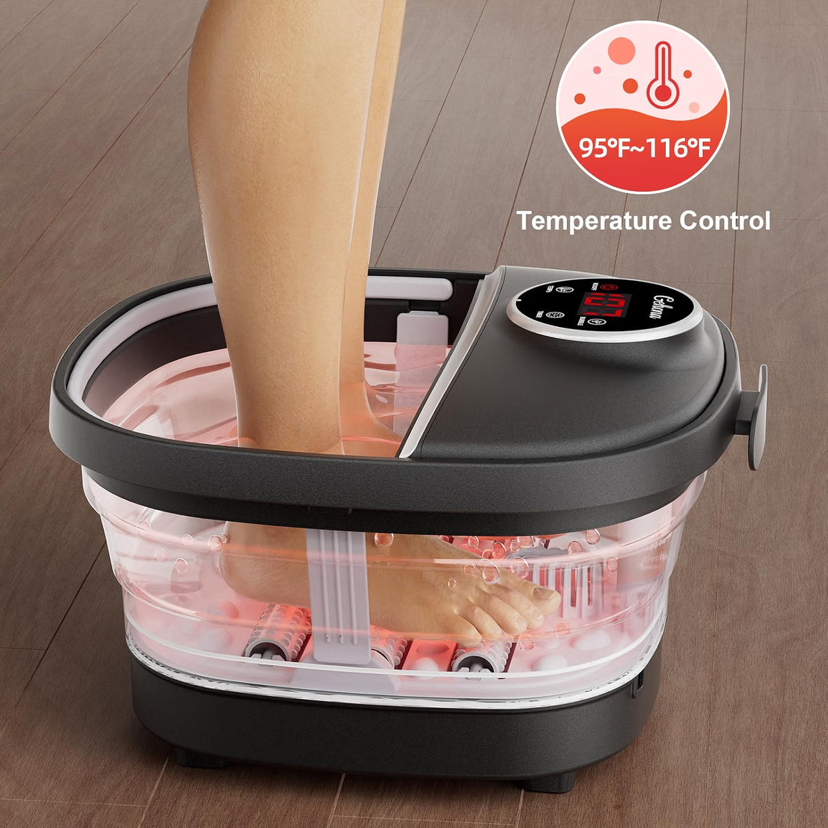 Collapsible Foot Spa Bath Massager – Heated Foot Soak with Bubbles, Red Light, Temperature Control & Manual Massage Rollers