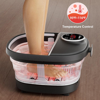 Collapsible Foot Spa Bath Massager – Heated Foot Soak with Bubbles, Red Light, Temperature Control & Manual Massage Rollers