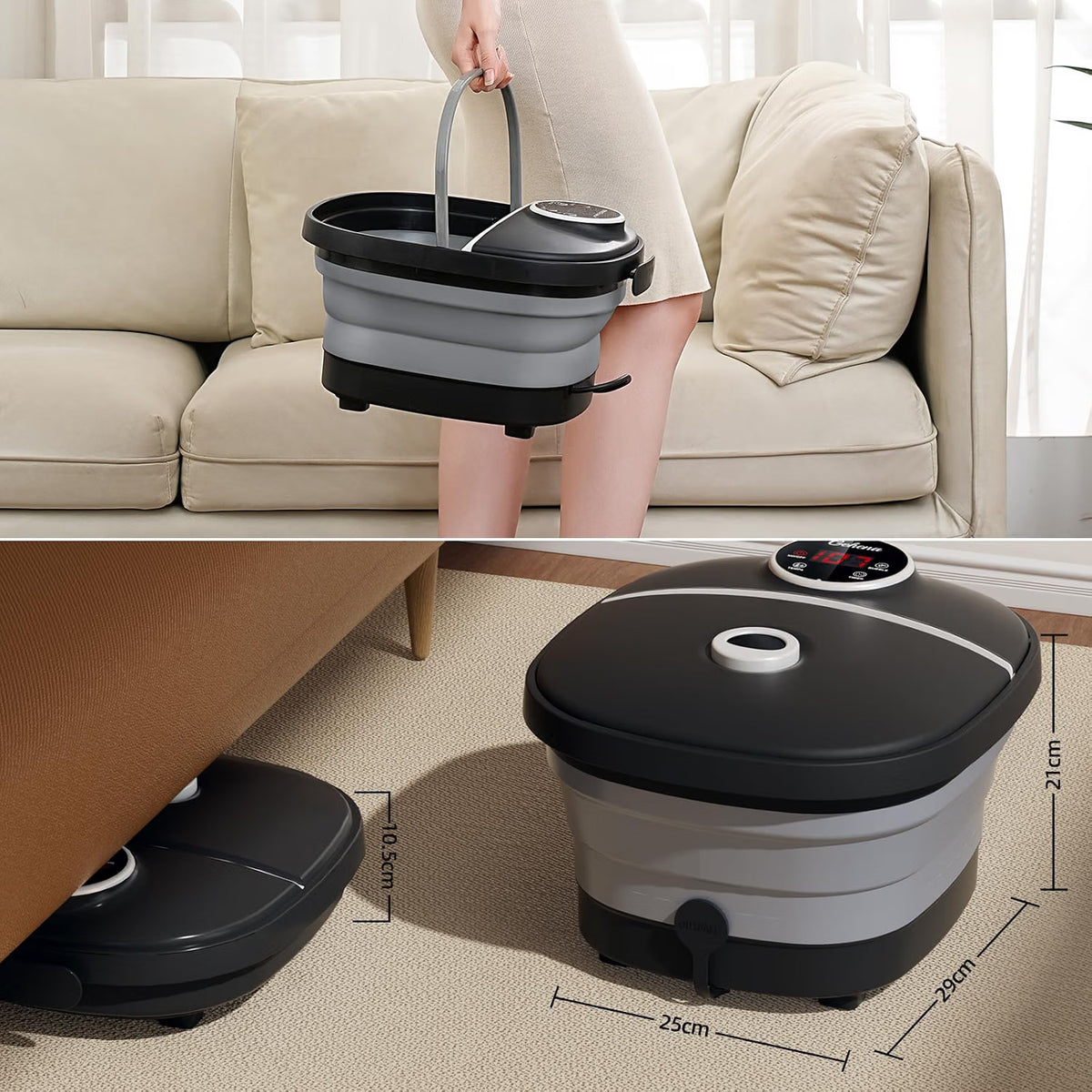 Collapsible Foot Spa Bath Massager – Heated Foot Soak with Bubbles, Red Light, Temperature Control & Manual Massage Rollers