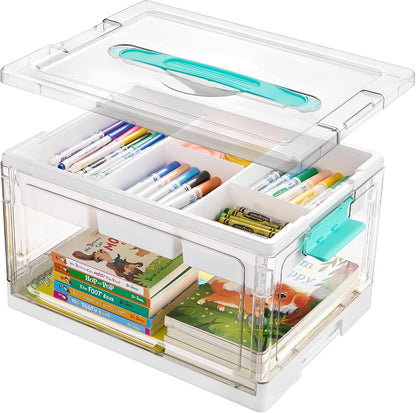 24QT Clear Storage Organizer Bin – Removable Tray, Adjustable Dividers & Dust-Proof Design for Crafts, Toys, Art Supplies & Back-to-School Essentials