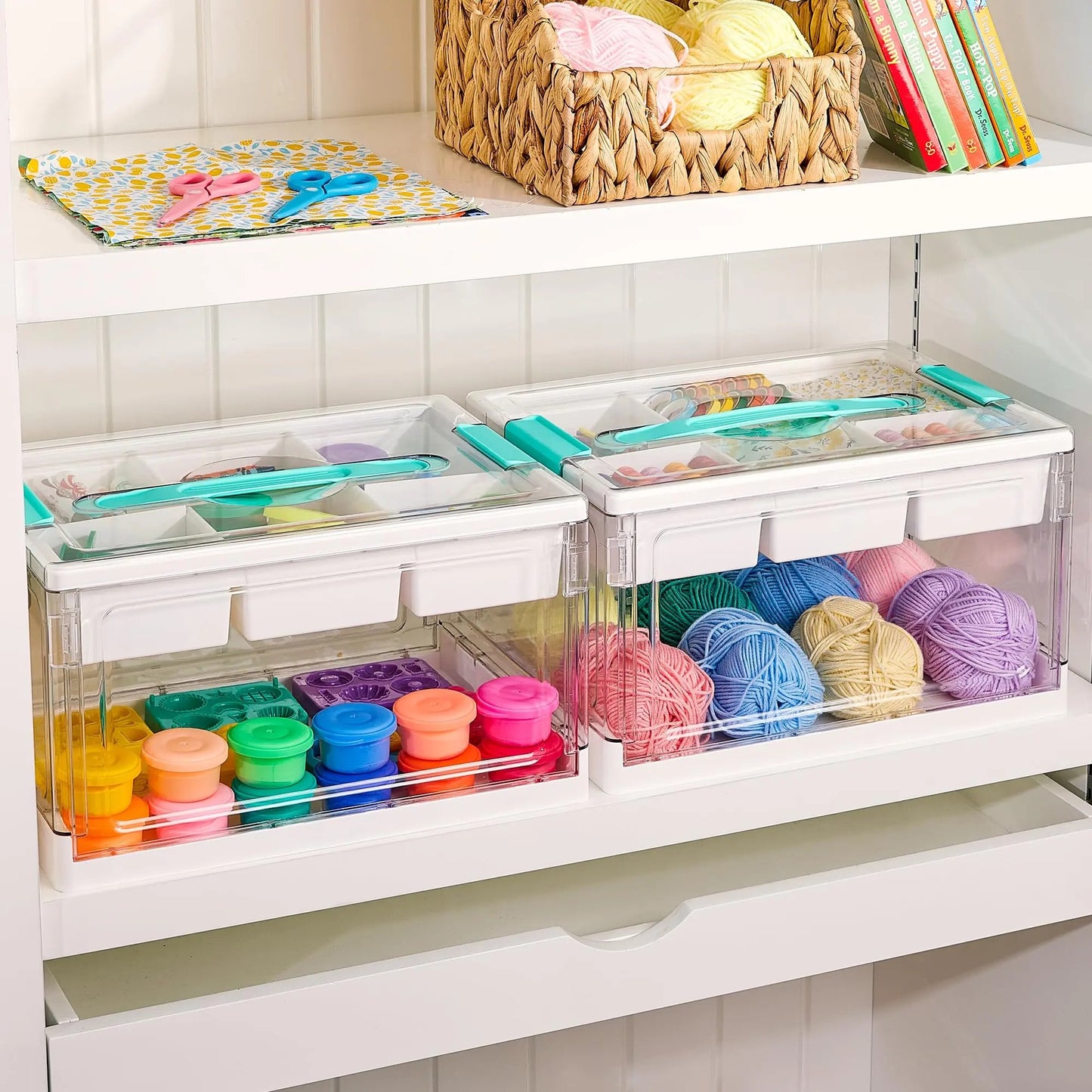 2/4 Pack 24QT Clear Craft Storage Bin with Removable Trays&Adjustable Dividers, Containers for Art Supply Coloring Books Sensory Toys Medicine Playdough Squishy Hair Bows Homeschool Sewing Nail Polish, Dust Proof, Preschool & Backtoschool ToolBox