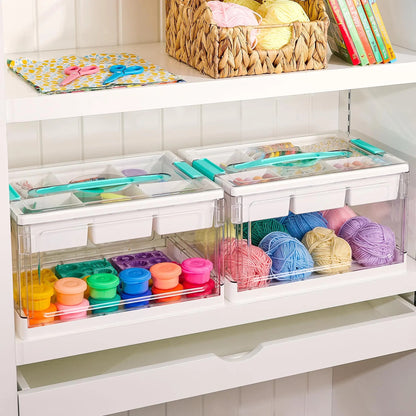 2/4 Pack 24QT Clear Craft Storage Bin with Removable Trays&Adjustable Dividers, Containers for Art Supply Coloring Books Sensory Toys Medicine Playdough Squishy Hair Bows Homeschool Sewing Nail Polish, Dust Proof, Preschool & Backtoschool ToolBox